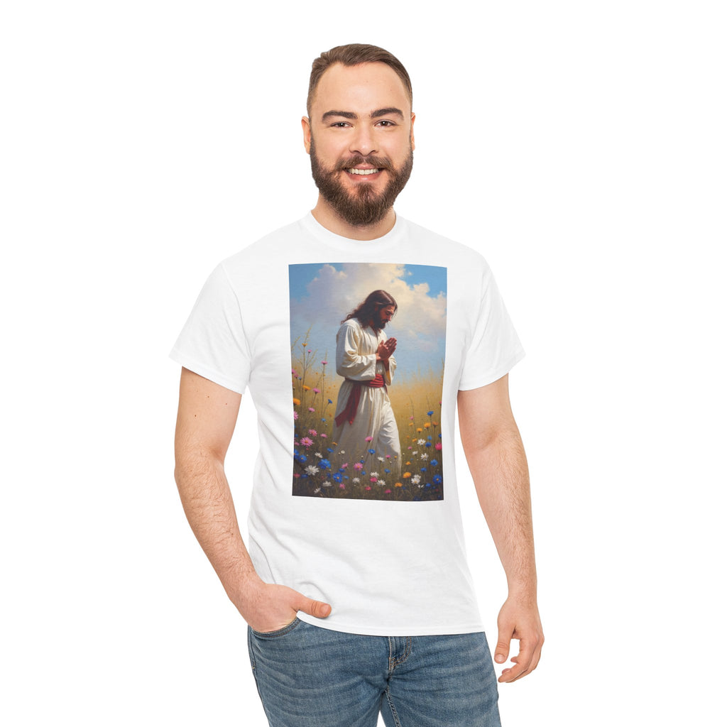 Jesus Praying in Meadow - T-Shirt | Religious Inspirational Tee, Prayer Shirt