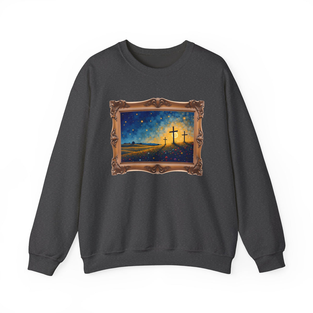 Three Crosses on Hill - Framed - Crewneck Sweatshirt | Bible Art
