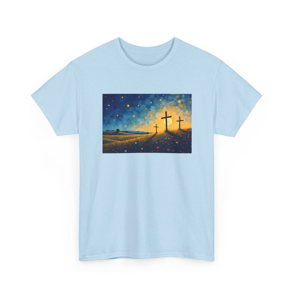 Three Crosses on Hill - T-Shirt | Religious Inspirational Tee, Jesus Faith Artwork