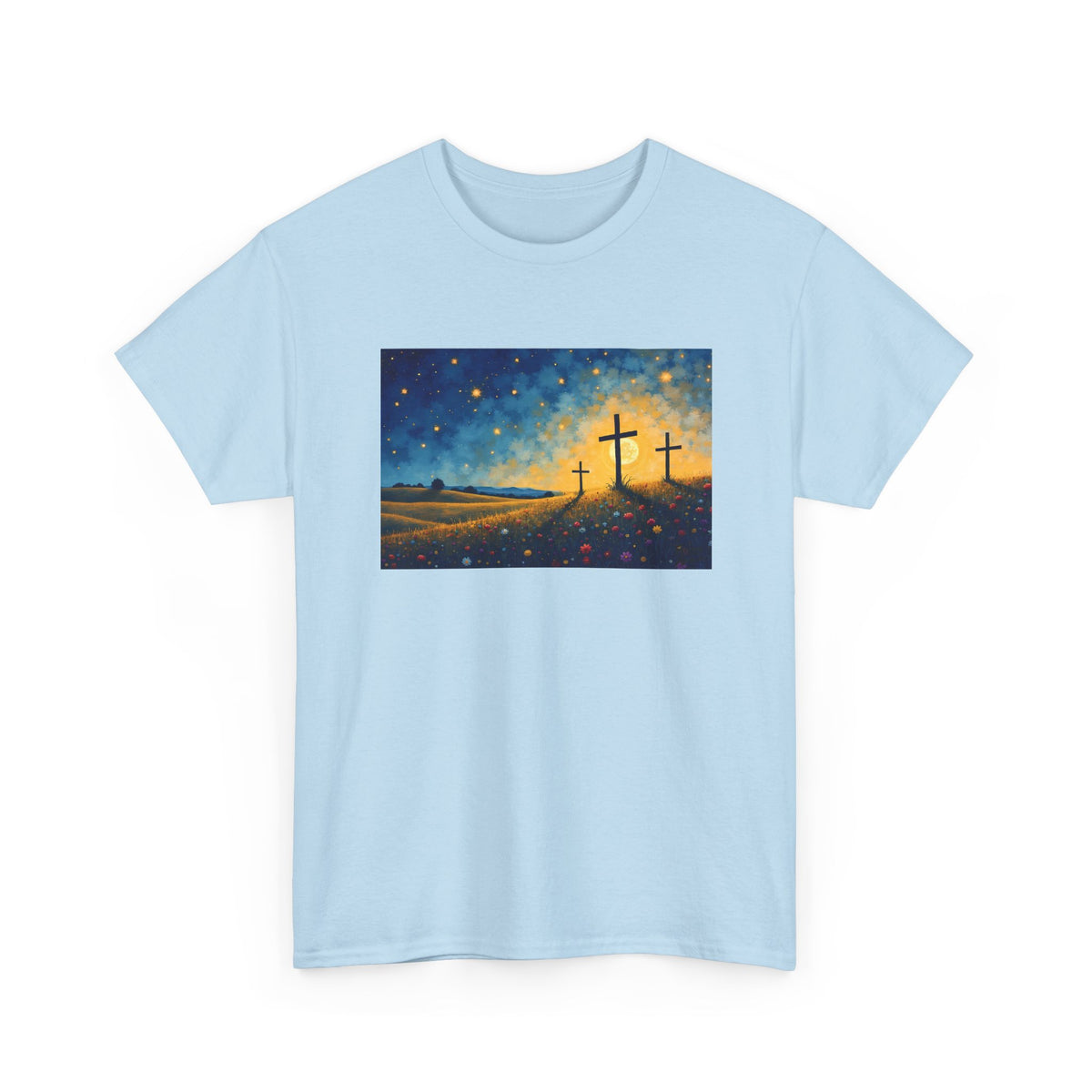Three Crosses on Hill - T-Shirt | Religious Inspirational Tee, Jesus Faith Artwork