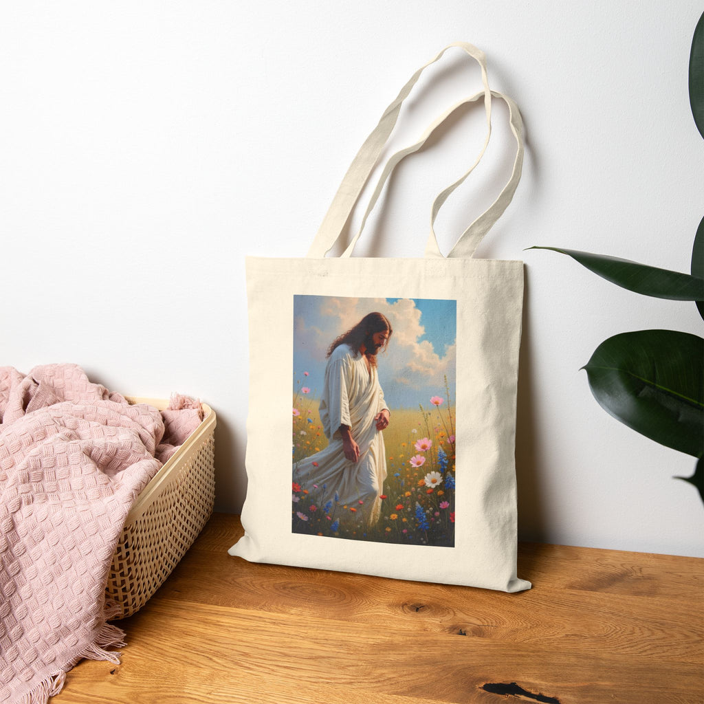 Jesus Among Wildflowers - Canvas Tote Bag - Christ Walking Prayerfully