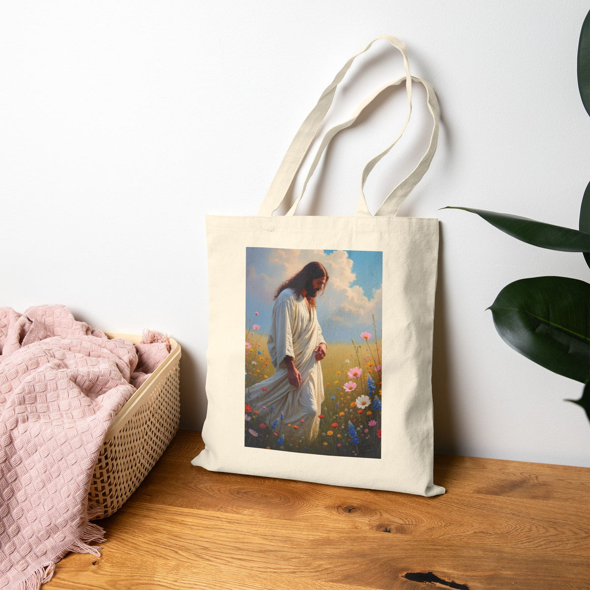 Jesus Among Wildflowers - Canvas Tote Bag - Christ Walking Prayerfully