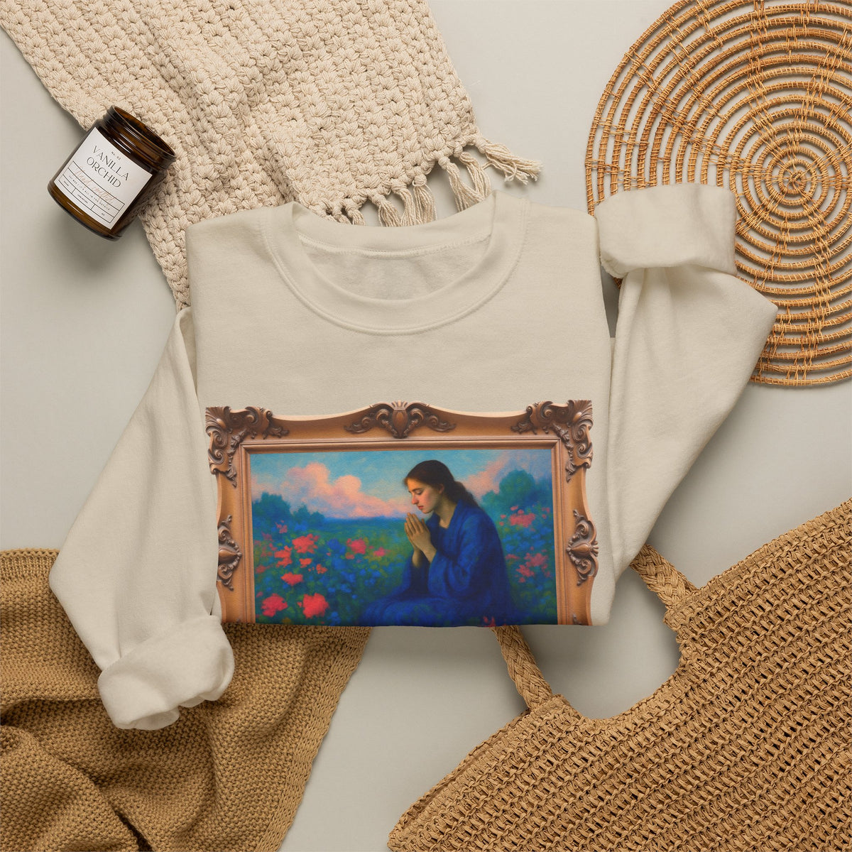 Praying Woman in Wildflowers - Framed | Crewneck Sweatshirt | Christian Art | Faith-Inspired