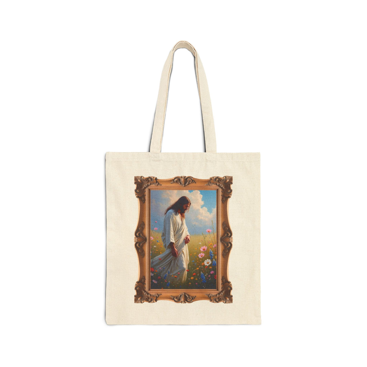 Jesus Among Wildflowers - Framed - Canvas Tote Bag - Christ Walking Prayerfully