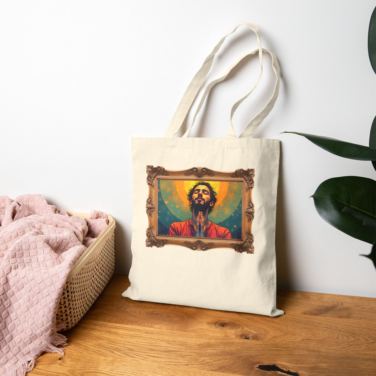 Praying Man - Serenity in Cosmic Light - Framed - Canvas Tote Bag