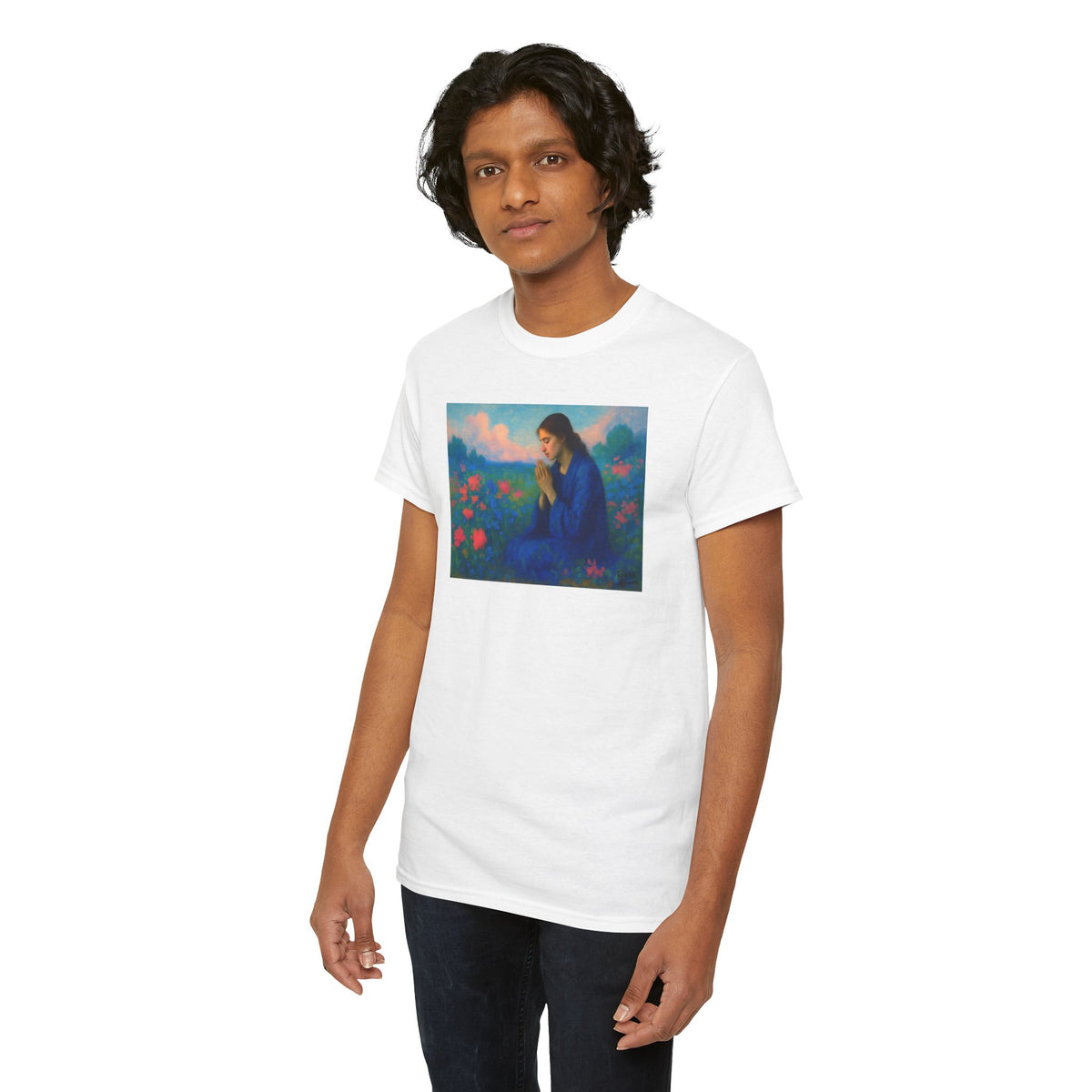 Praying Woman in Wildflowers - T-Shirt | Religious Inspirational Tee, Prayer Shirt