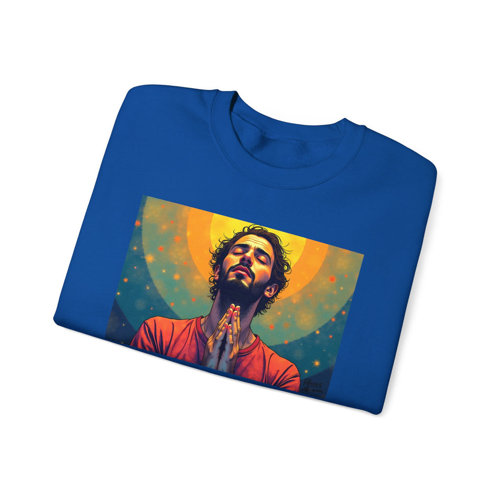 Praying Man - Serenity in Cosmic Light | Crewneck Sweatshirt | Christian Art | Faith-Inspired