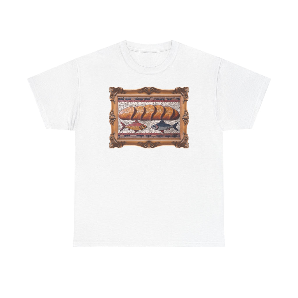 Five Loaves and Two Fish Mosaic - Framed - T-Shirt | Religious Inspirational Tee | Roman-Era-Inspired Christian Art