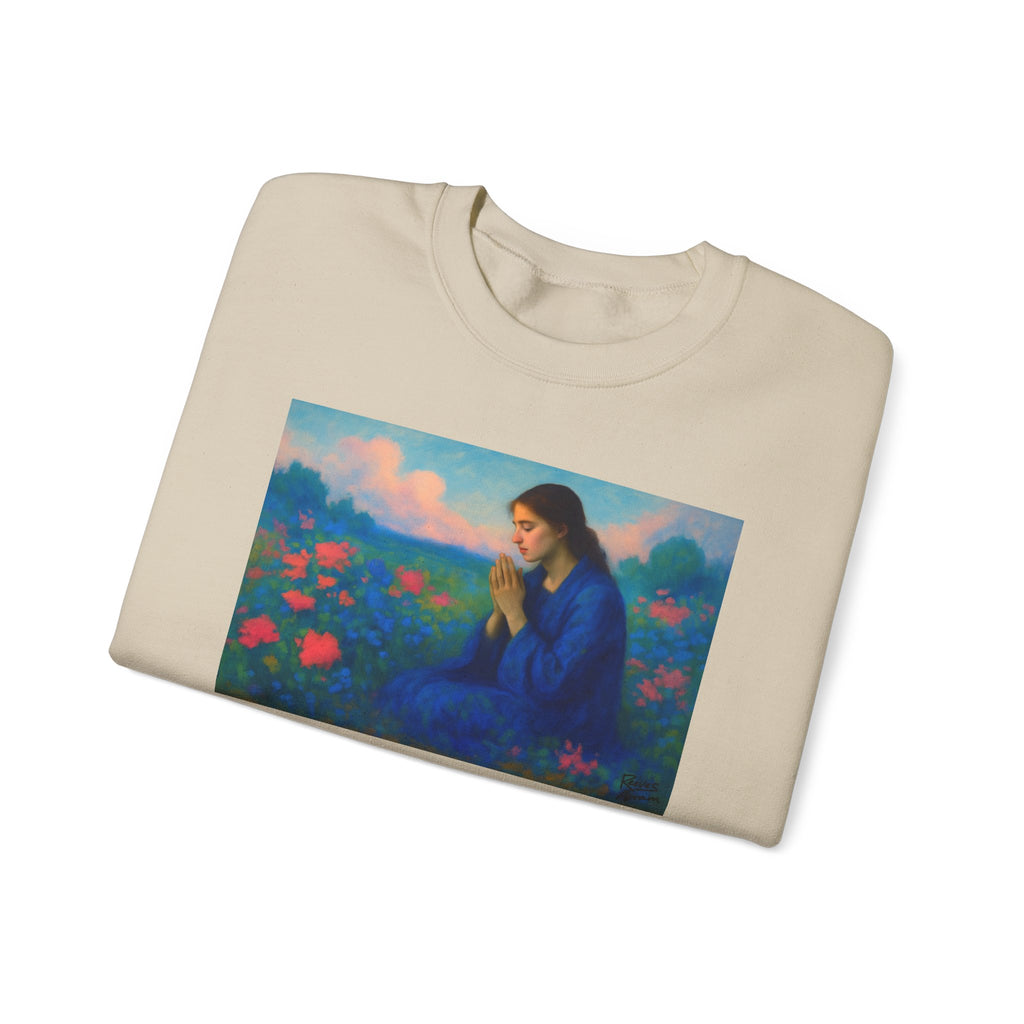 Praying Woman in Wildflowers | Crewneck Sweatshirt | Christian Art | Faith-Inspired