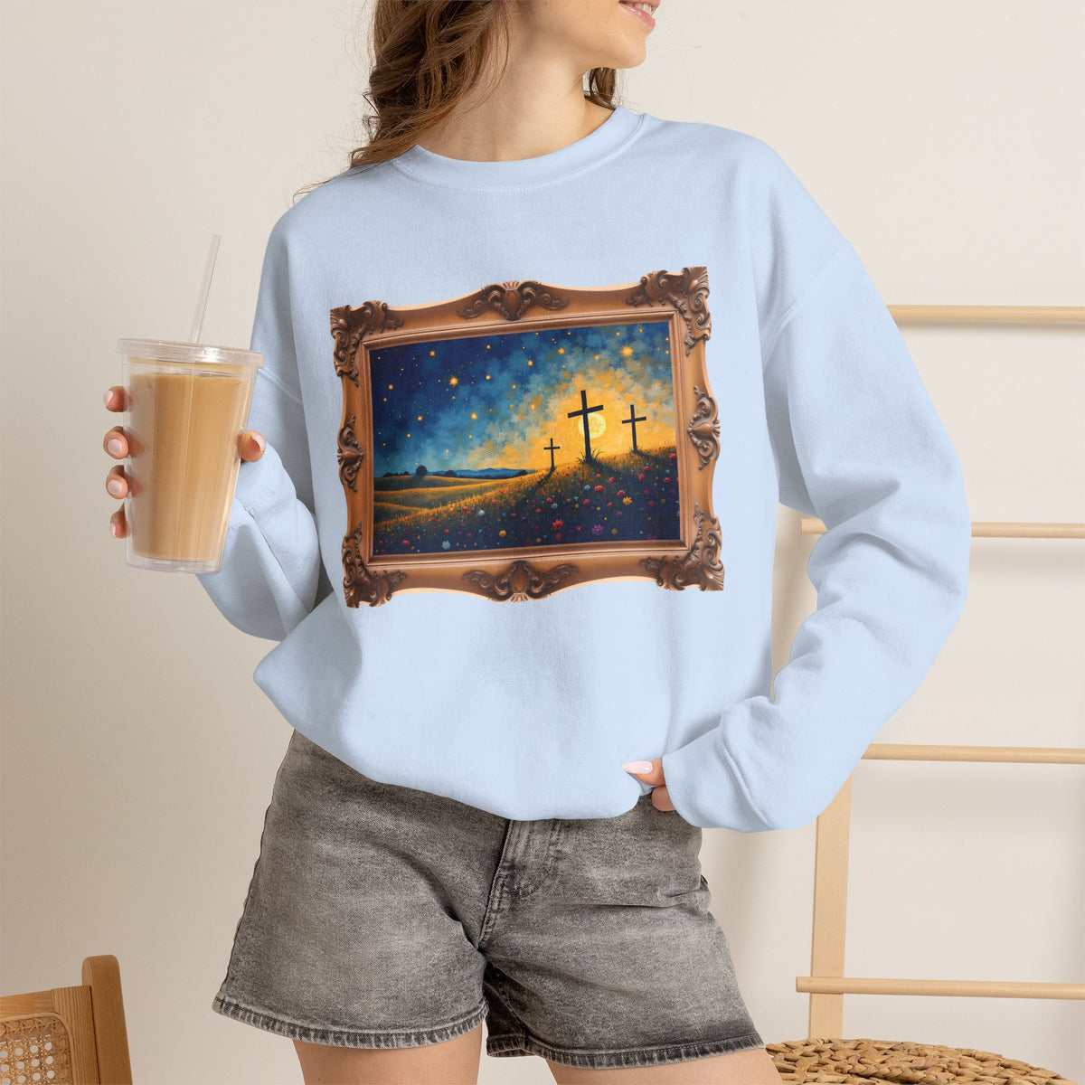 Three Crosses on Hill - Framed - Crewneck Sweatshirt | Bible Art