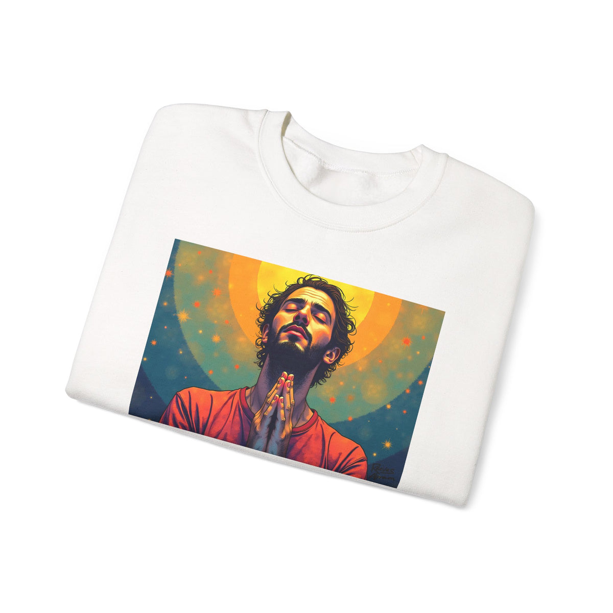 Praying Man - Serenity in Cosmic Light | Crewneck Sweatshirt | Christian Art | Faith-Inspired