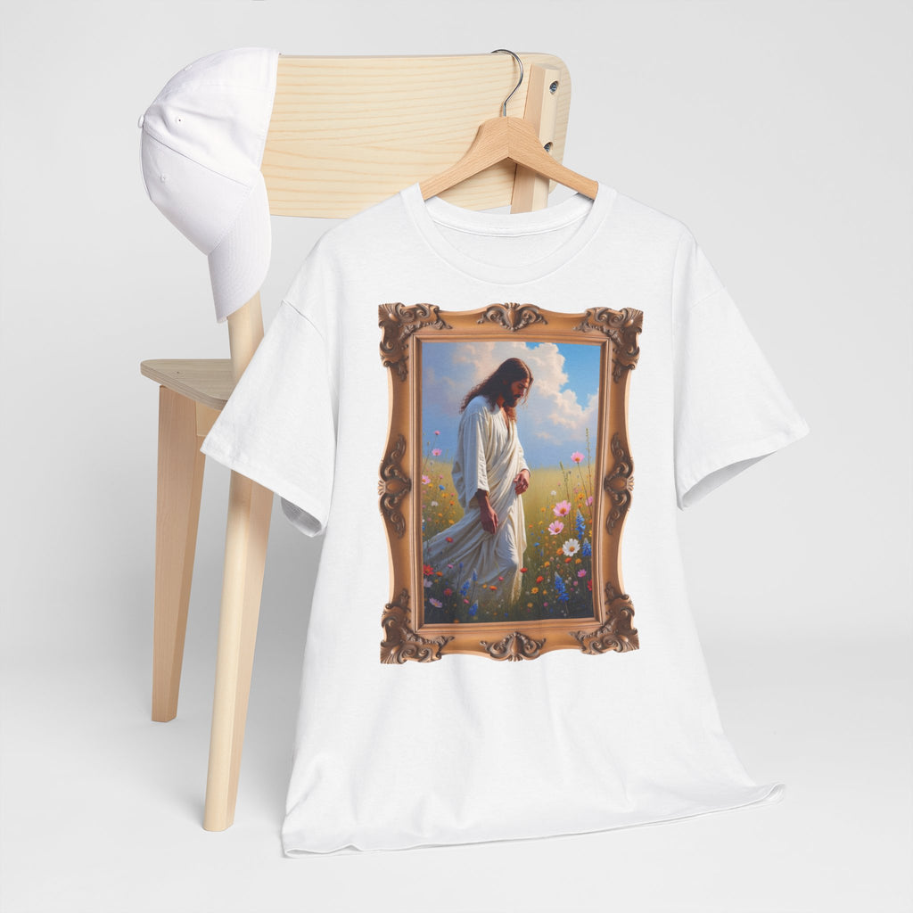 Jesus Among Wildflowers - Framed - T-Shirt | Religious Inspirational Tee | Christ Walking Prayerfully