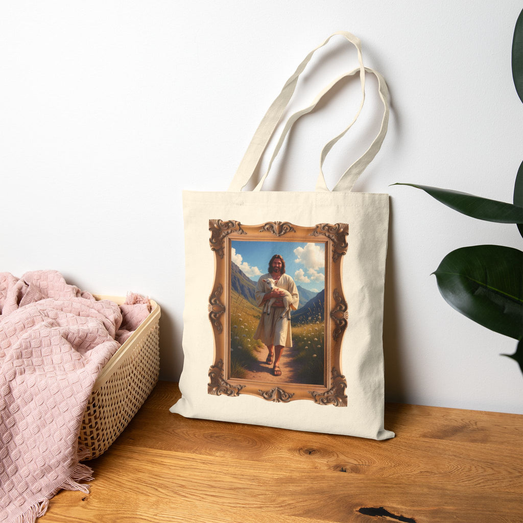 Jesus Carrying the Little Lamb - Framed - Canvas Tote Bag - The Good Shepherd Christian Art