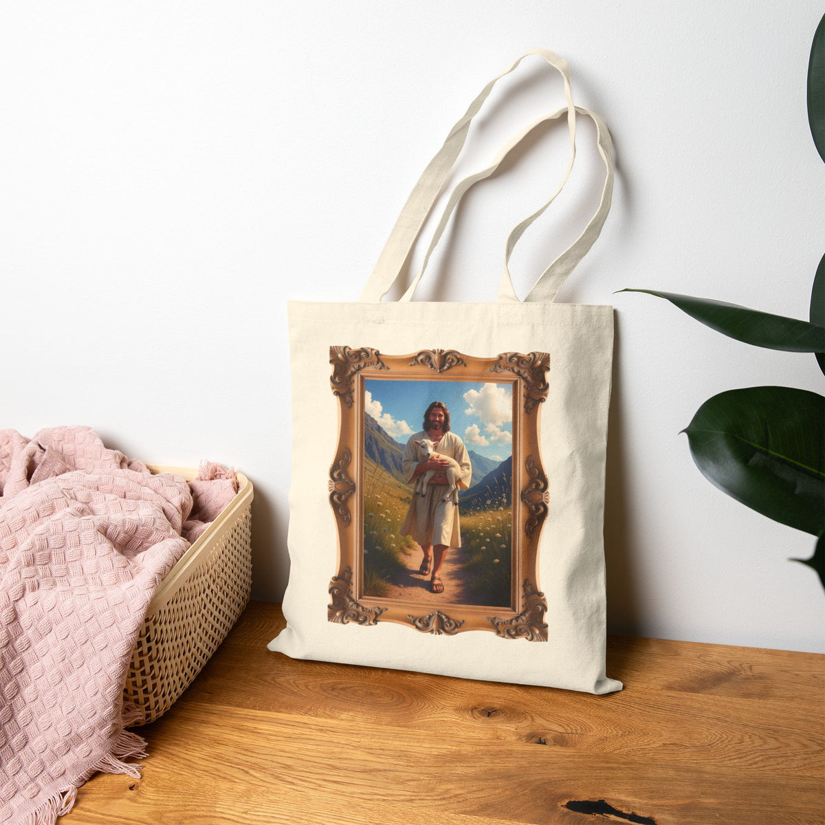 Jesus Carrying the Little Lamb - Framed - Canvas Tote Bag - The Good Shepherd Christian Art
