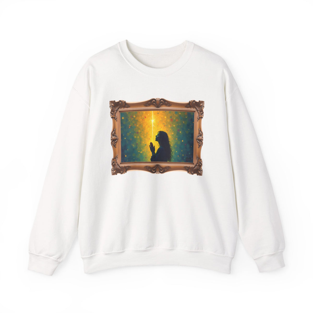 Woman in Prayer Under Magical Light - Framed - Crewneck Sweatshirt | Prayer Shirt