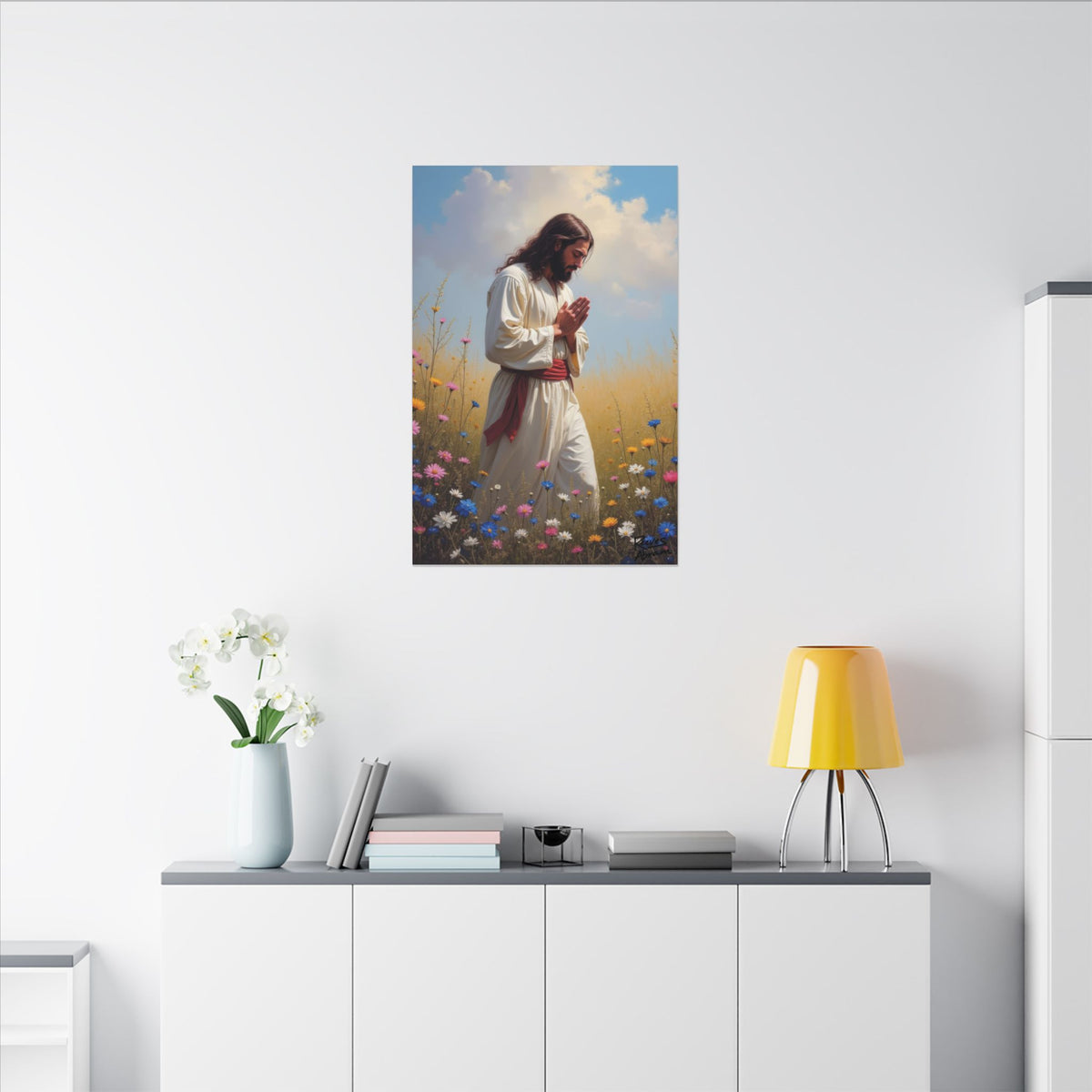 Jesus Praying in Meadow | 24" x 36" Canvas (Vertical) | Christian Wall Art | Home Decor