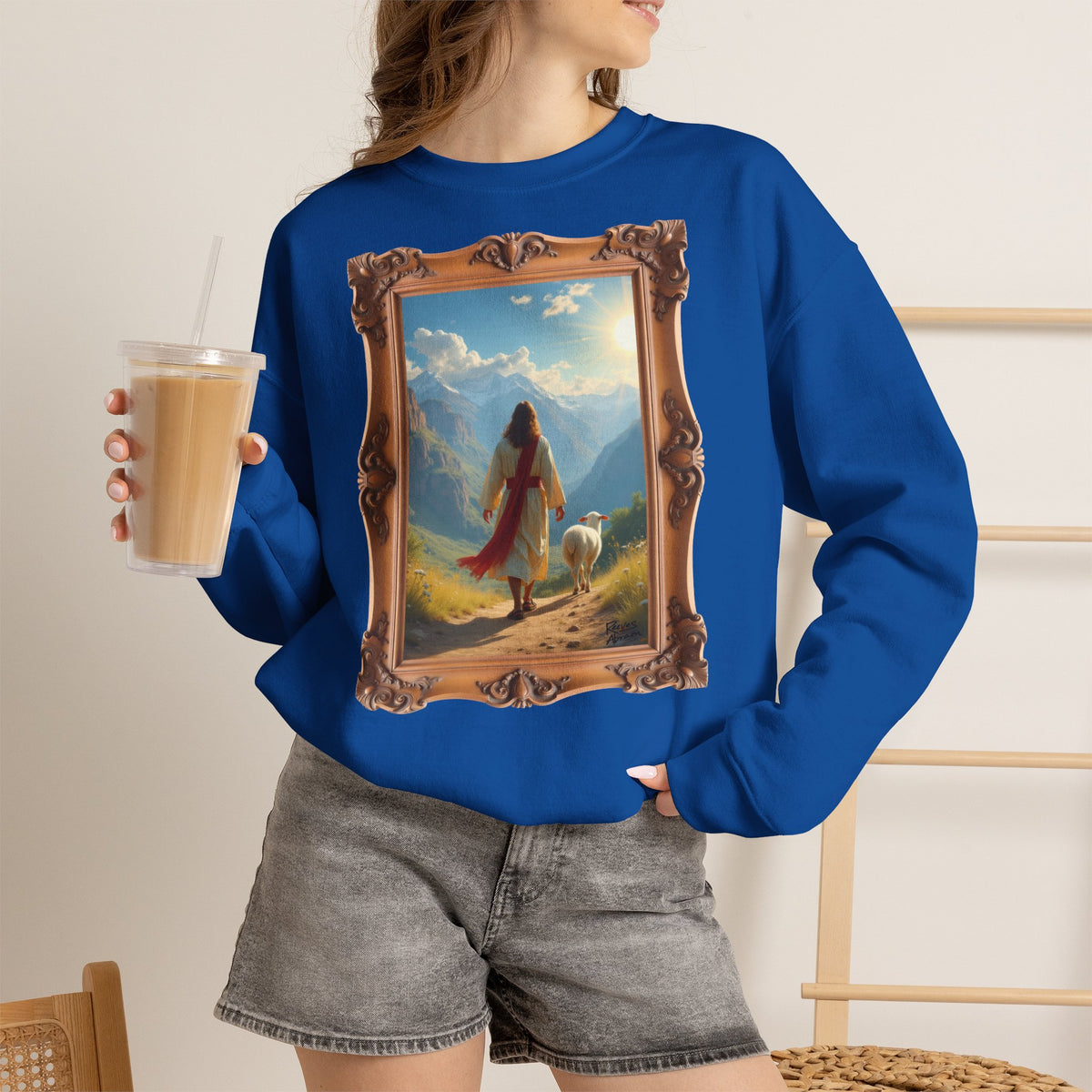 Jesus and the Lost Lamb - Framed | Crewneck Sweatshirt | Christian Art | Faith-Inspired