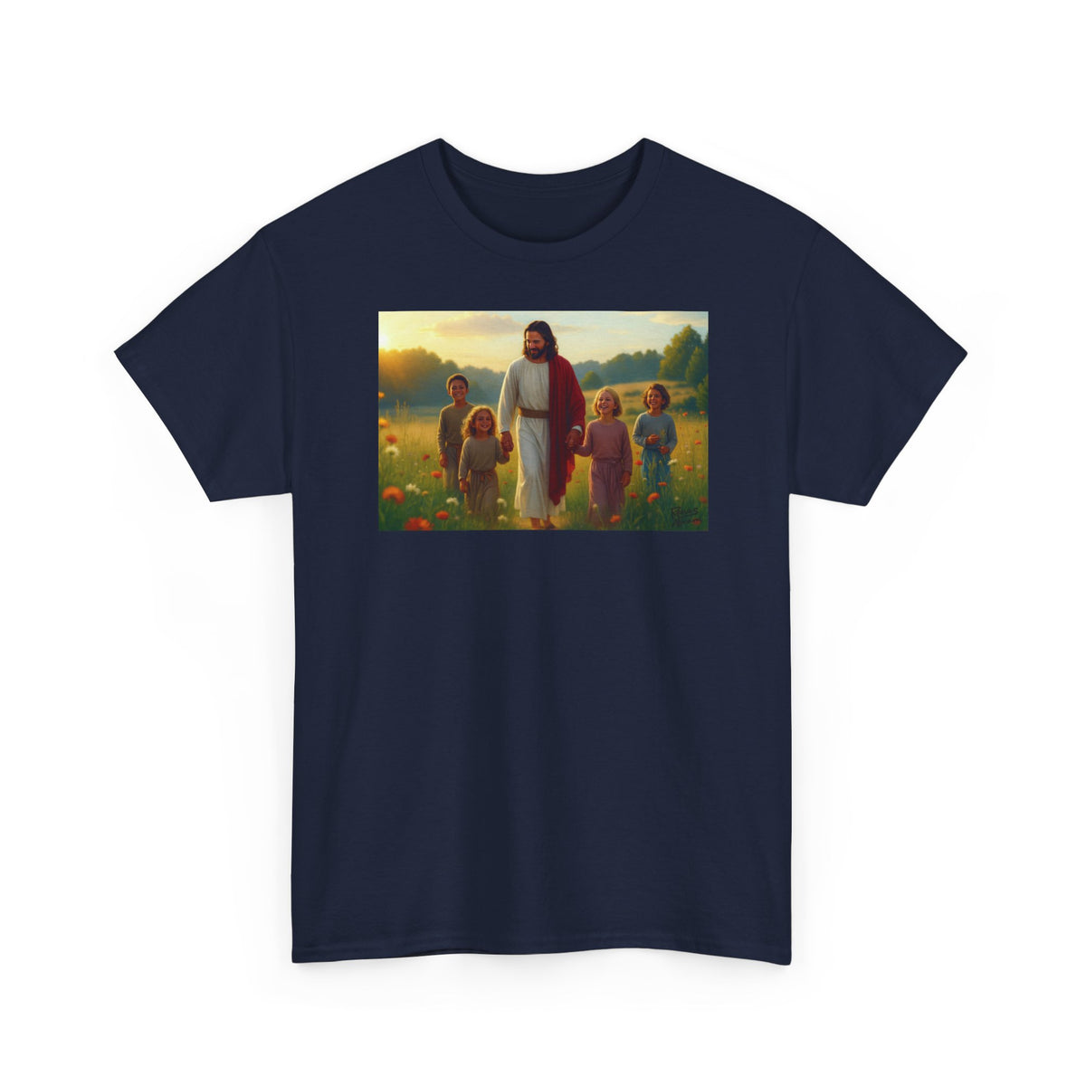 Jesus with Children in Wildflowers - T-Shirt | Religious Inspirational Tee, Prayer Artwork