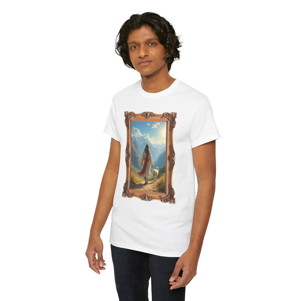 Jesus and the Lost Lamb - Framed - T-Shirt | Religious Inspirational Tee, Jesus in Bible Artwork