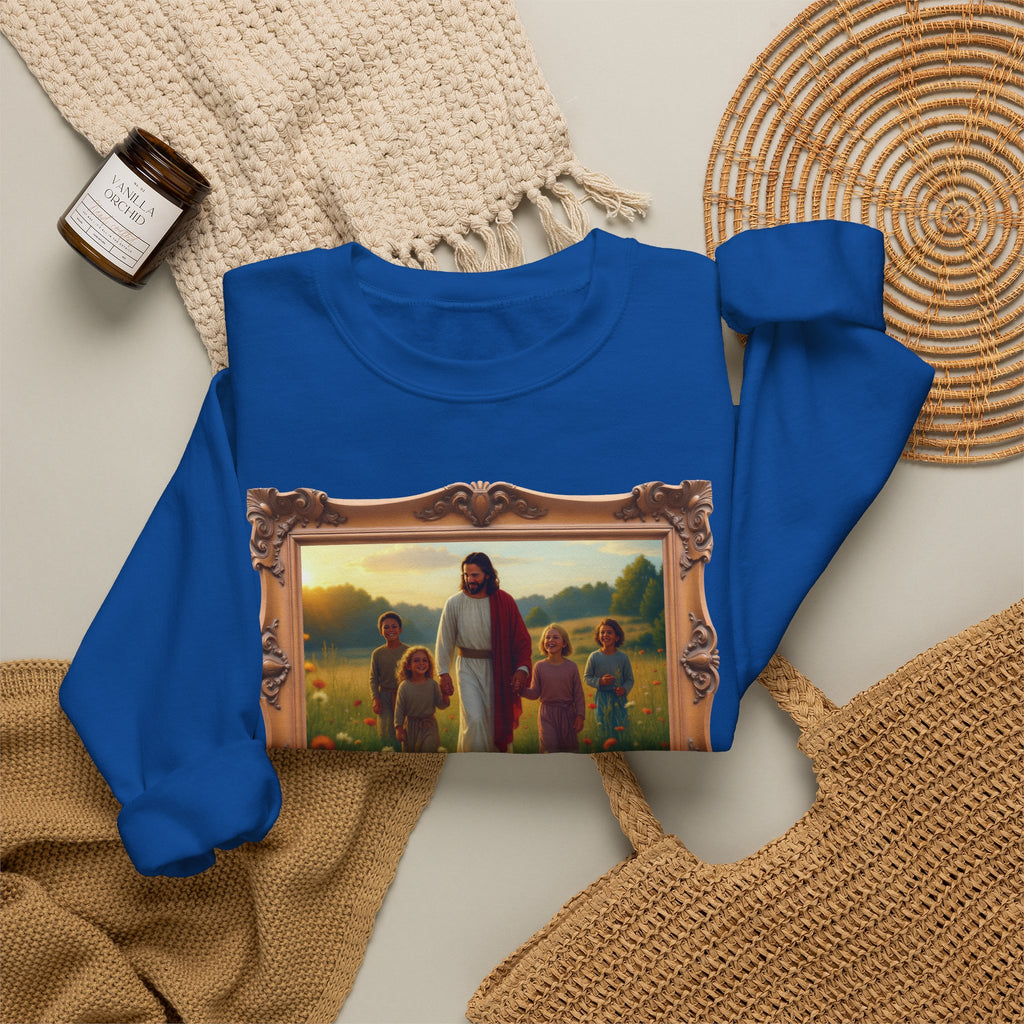 Jesus with Children in Wildflowers - Framed | Crewneck Sweatshirt | Christian Art | Faith-Inspired