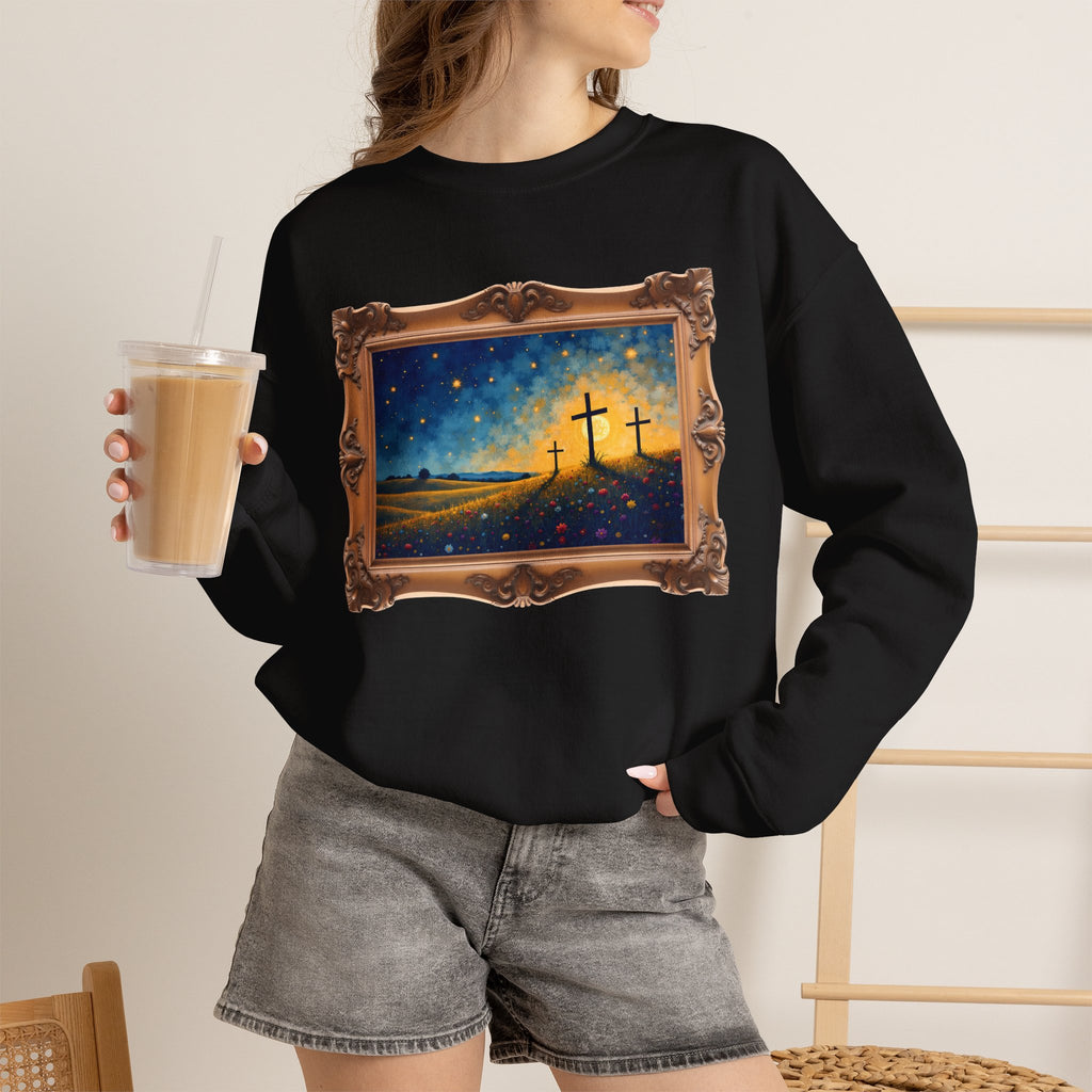 Three Crosses on Hill - Framed - Crewneck Sweatshirt | Bible Art
