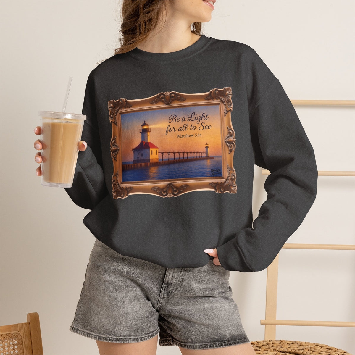 Be a Light - Matthew 5:14 - Framed | Crewneck Sweatshirt | Christian Art | Inspirational Scripture