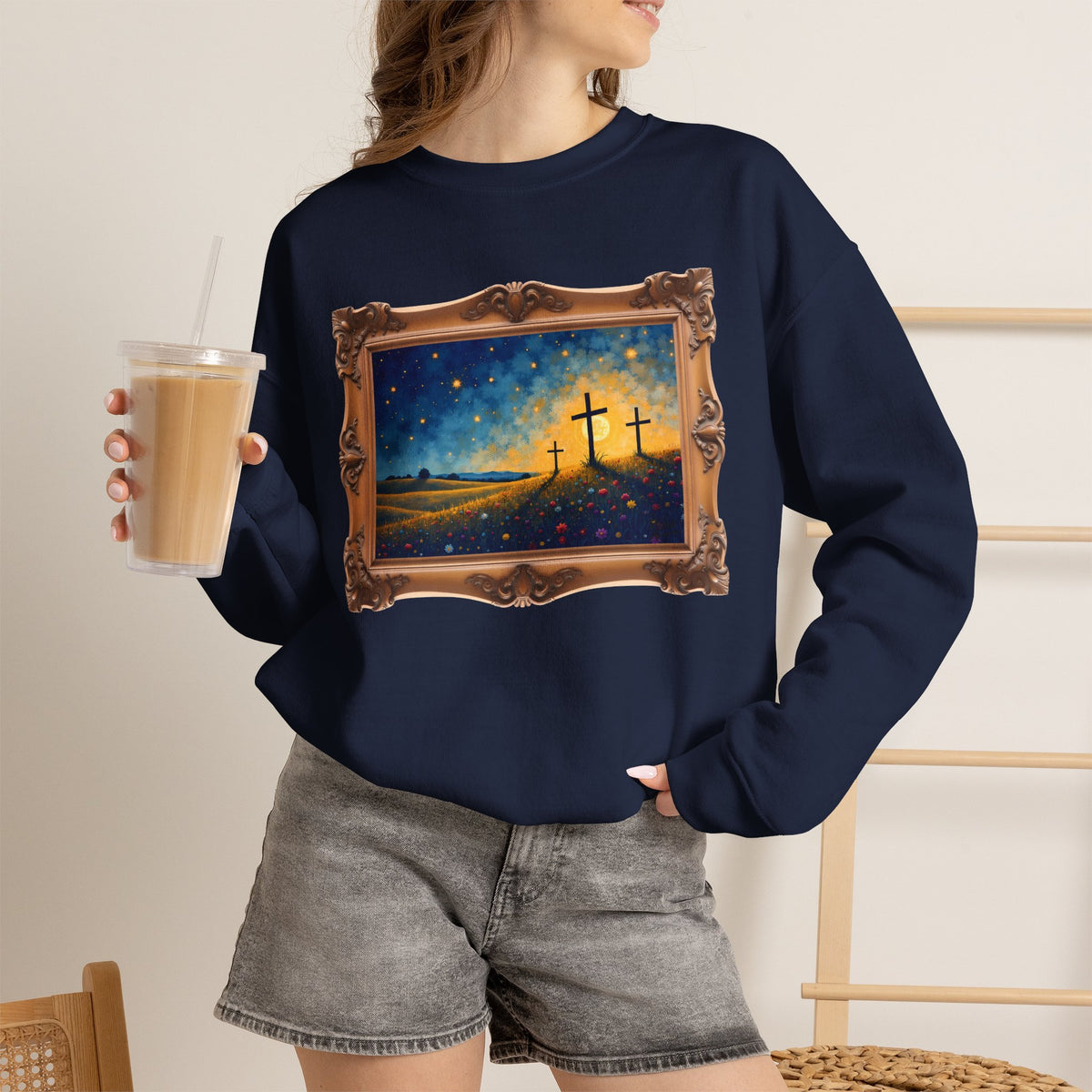 Three Crosses on Hill - Framed - Crewneck Sweatshirt | Bible Art