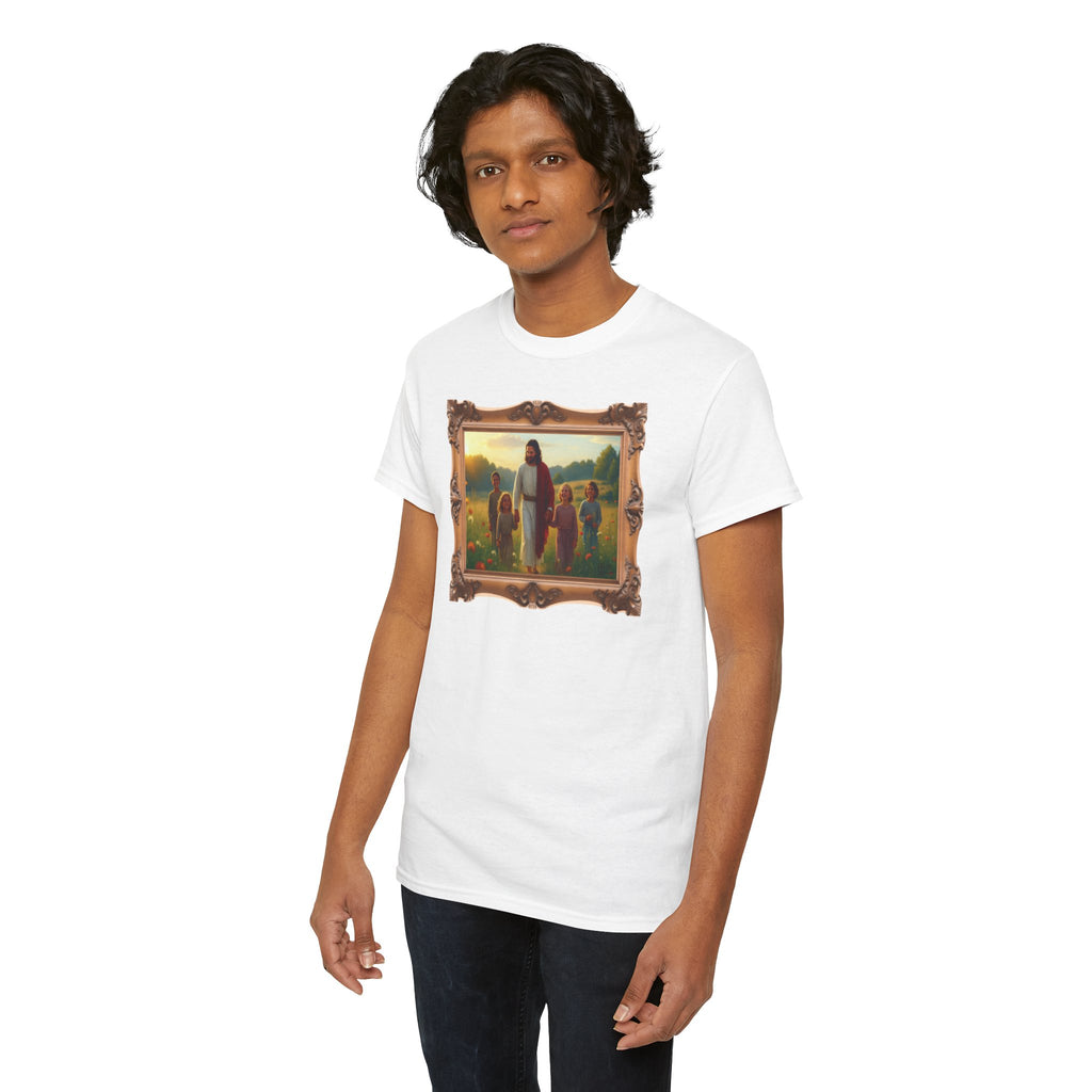 Jesus with Children in Wildflowers - Framed - T-Shirt | Religious Inspirational Tee, Prayer Artwork