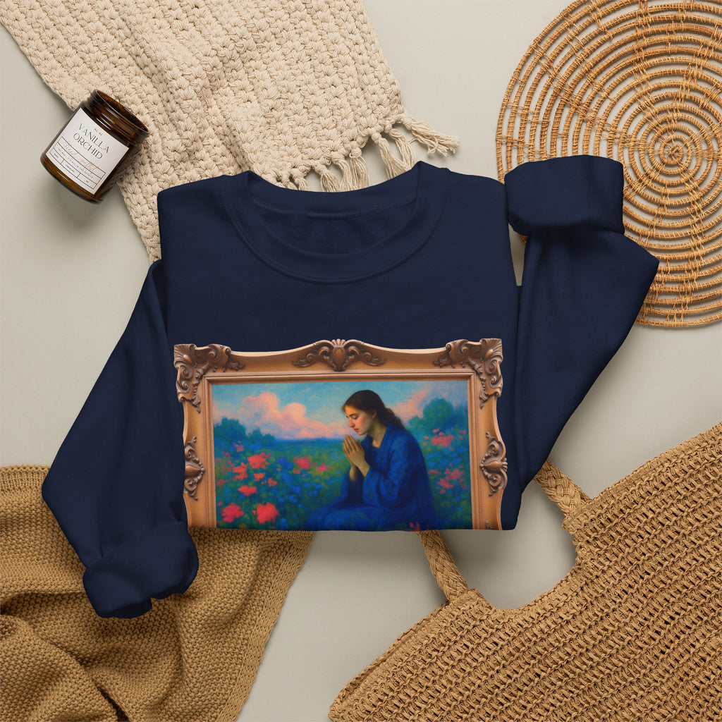 Praying Woman in Wildflowers - Framed | Crewneck Sweatshirt | Christian Art | Faith-Inspired