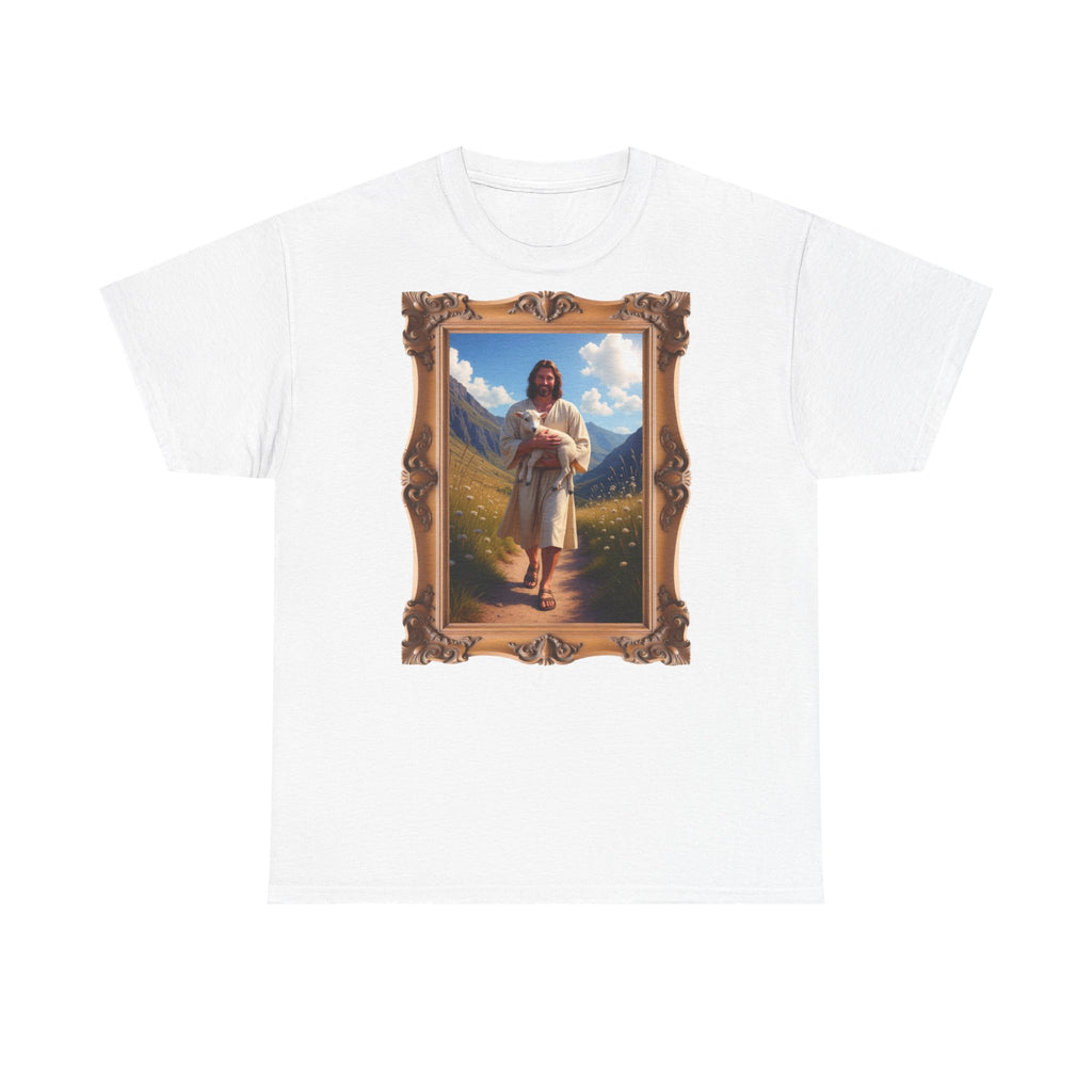 Jesus Carrying the Little Lamb - Framed - T-Shirt | Religious Inspirational Tee | The Good Shepherd Christian Art