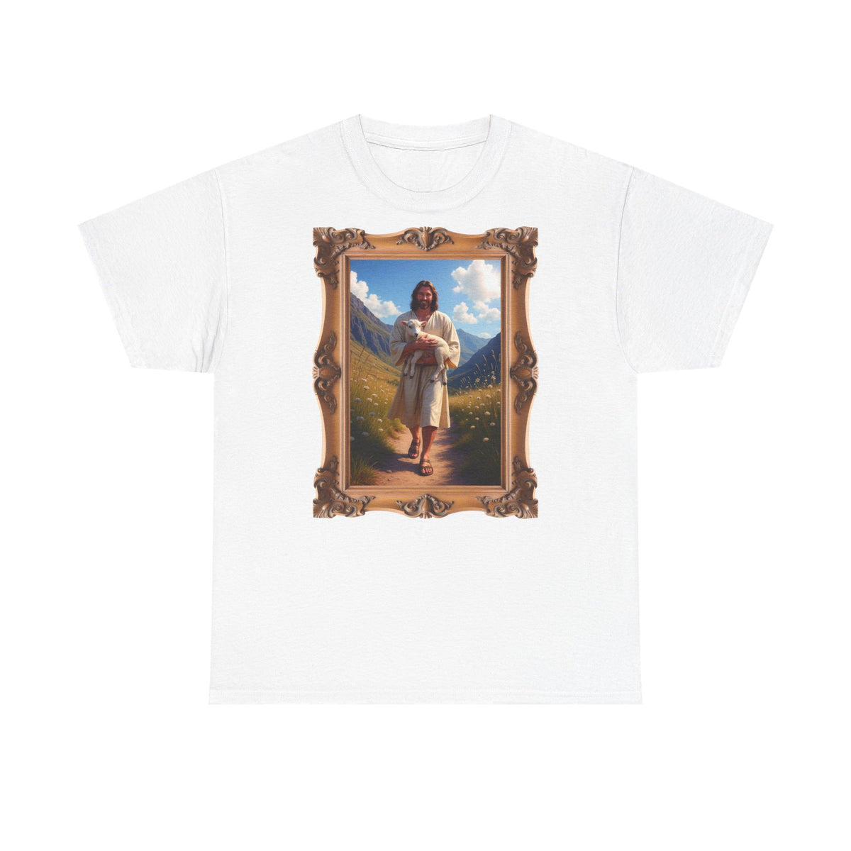 Jesus Carrying the Little Lamb - Framed - T-Shirt | Religious Inspirational Tee | The Good Shepherd Christian Art