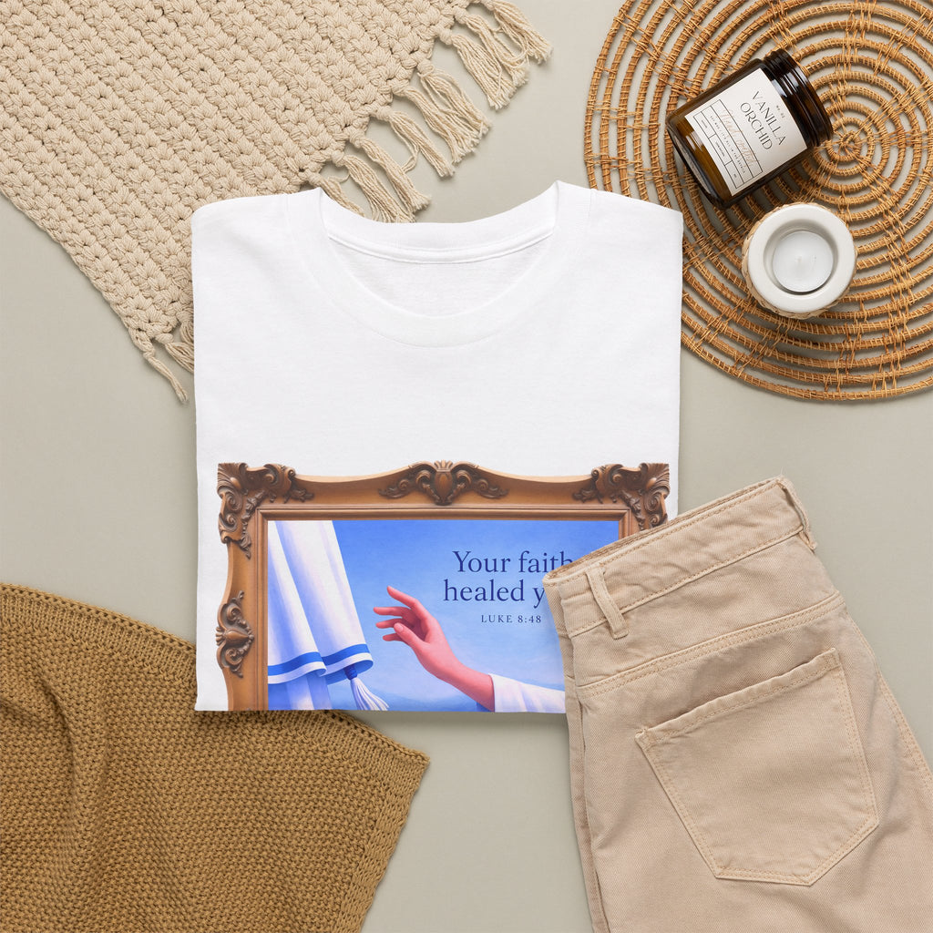 Your Faith Healed You (Luke 8:48) - Framed - T-Shirt | Religious Inspirational Tee, Jesus in Bible Artwork