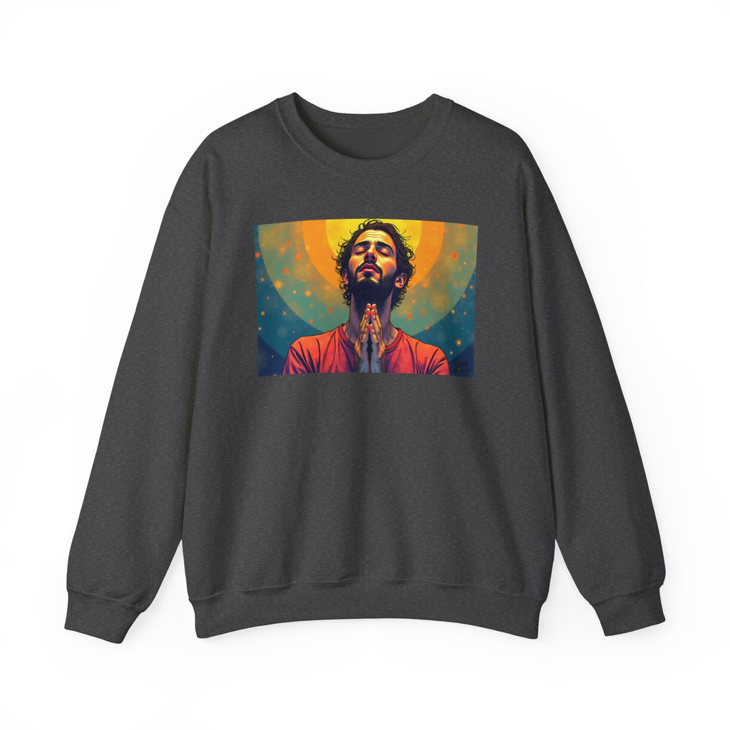 Praying Man - Serenity in Cosmic Light | Crewneck Sweatshirt | Christian Art | Faith-Inspired