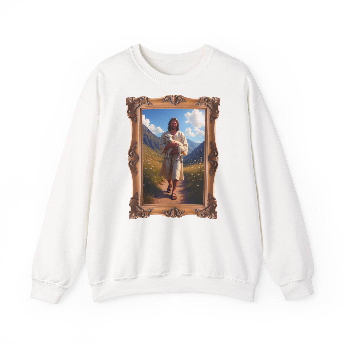 Jesus Carrying the Little Lamb - Framed - Crewneck Sweatshirt | The Good Shepherd Christian Art