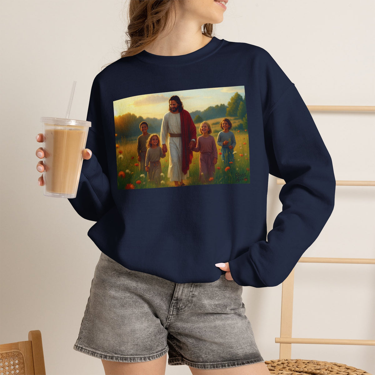 Jesus with Children in Wildflowers | Crewneck Sweatshirt | Christian Art | Faith-Inspired