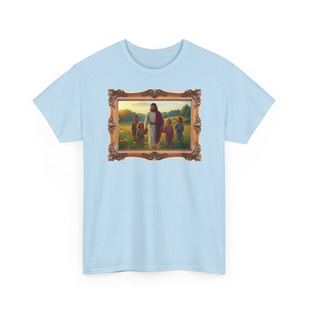 Jesus with Children in Wildflowers - Framed - T-Shirt | Religious Inspirational Tee, Prayer Artwork