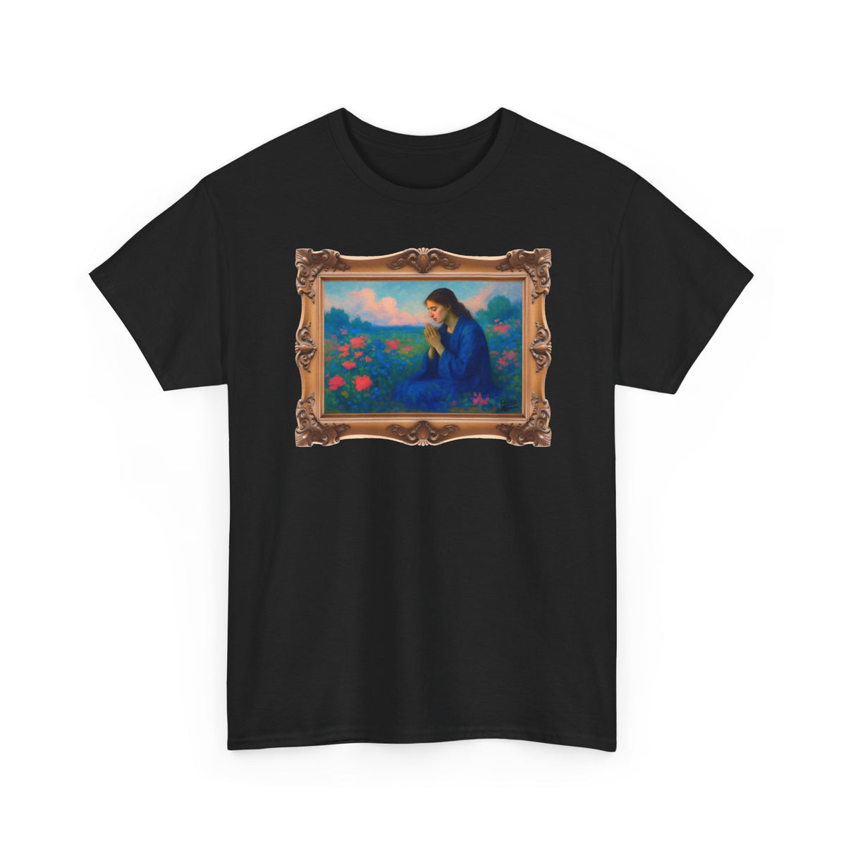 Praying Woman in Wildflowers - Framed - T-Shirt | Religious Inspirational Tee, Prayer Shirt
