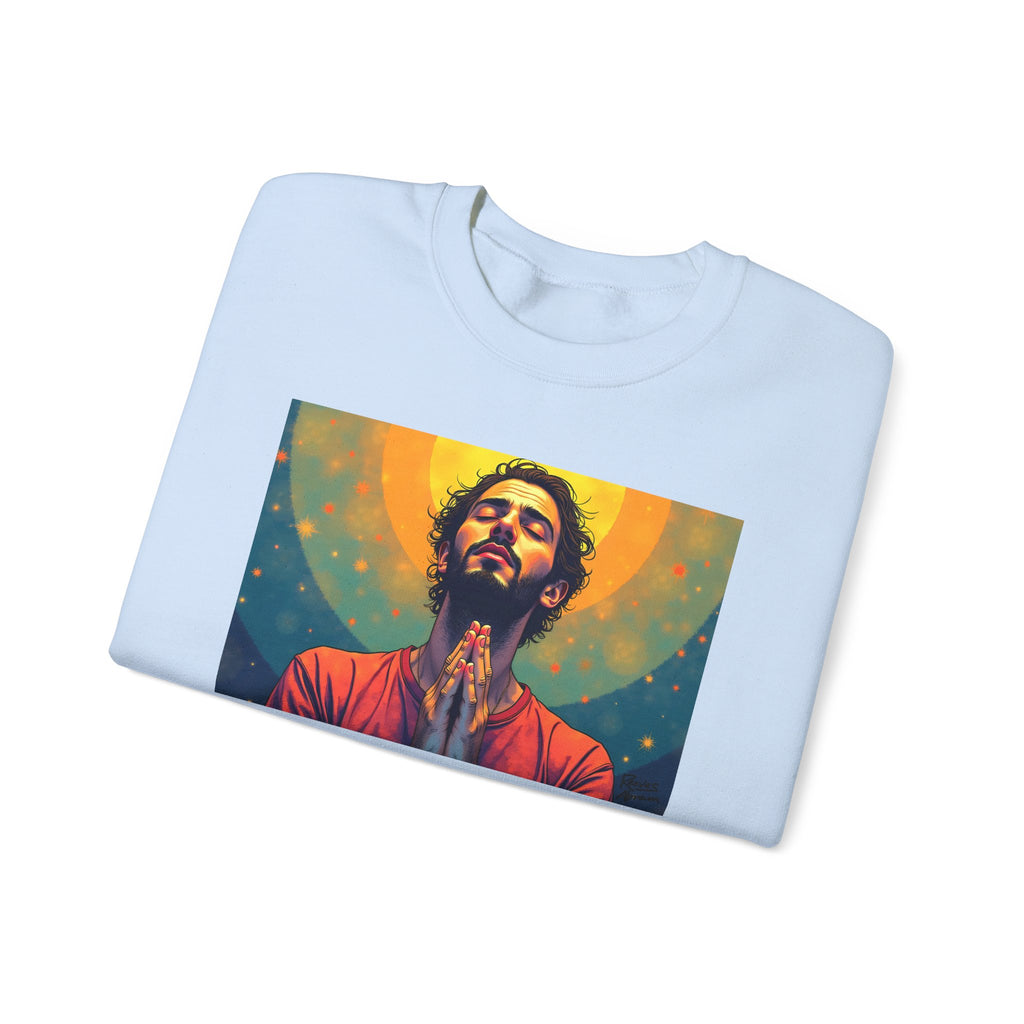 Praying Man - Serenity in Cosmic Light | Crewneck Sweatshirt | Christian Art | Faith-Inspired