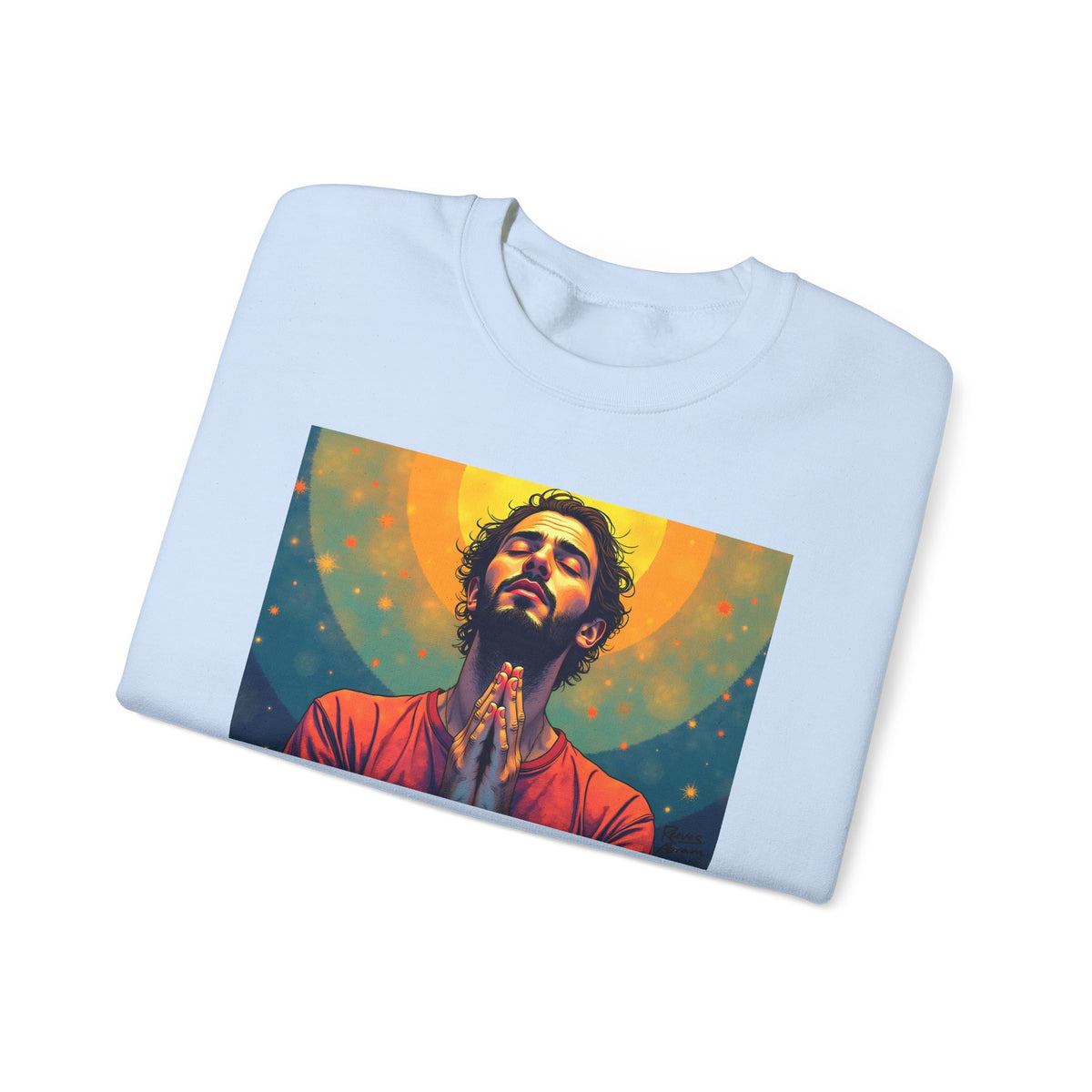 Praying Man - Serenity in Cosmic Light | Crewneck Sweatshirt | Christian Art | Faith-Inspired