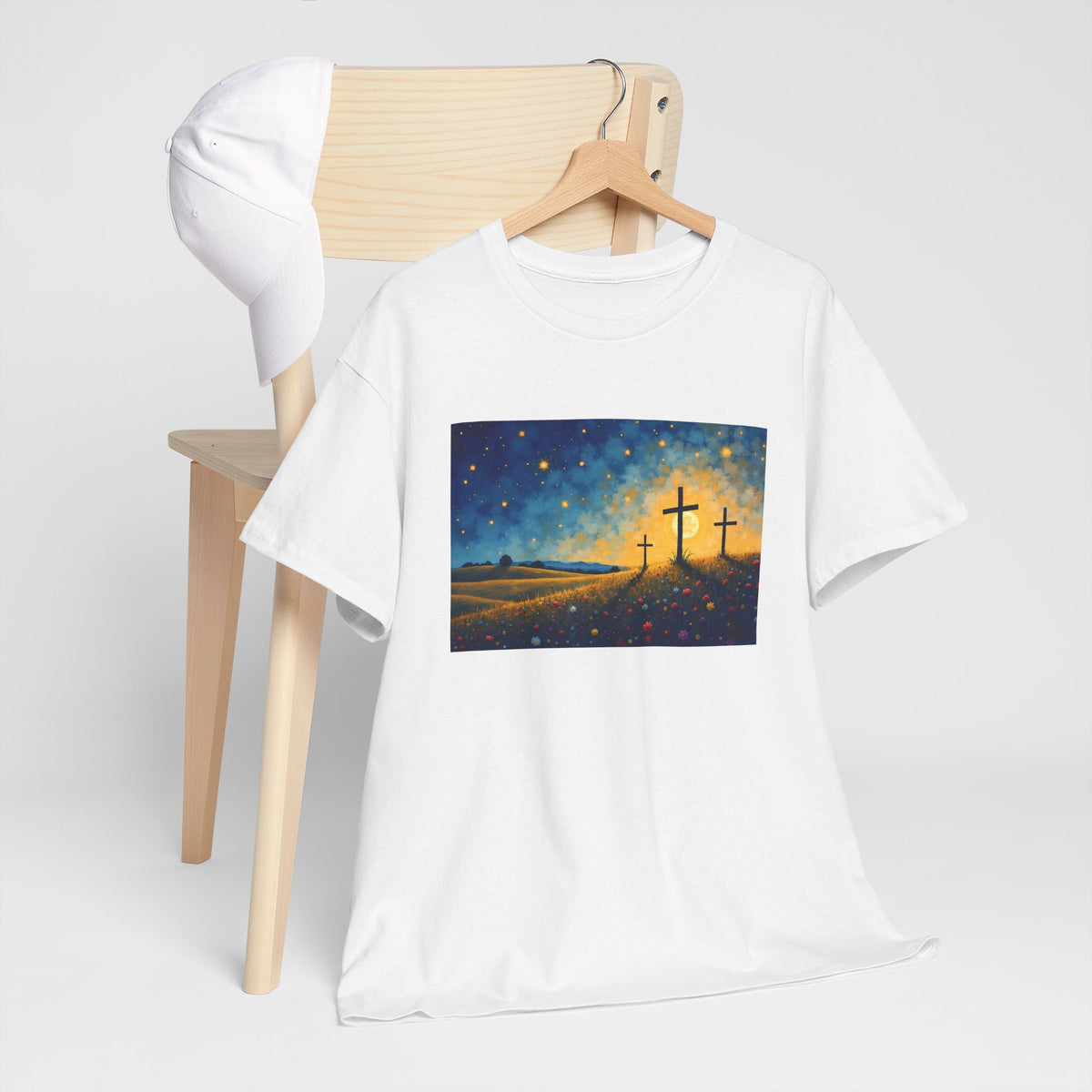 Three Crosses on Hill - T-Shirt | Religious Inspirational Tee, Jesus Faith Artwork