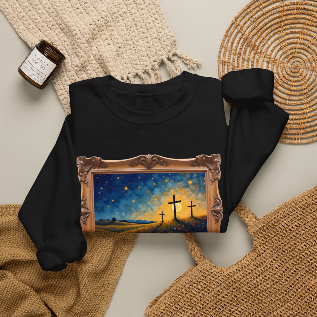 Three Crosses on Hill - Framed - Crewneck Sweatshirt | Bible Art