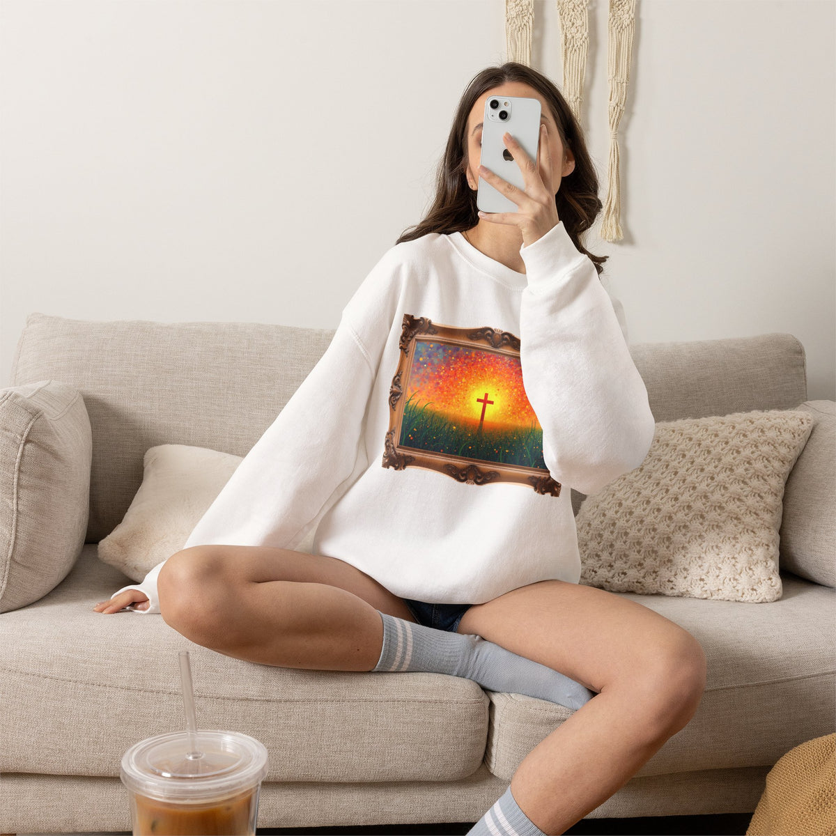 Glowing Cross in the Field - Framed - Crewneck Sweatshirt | Cross of Christ
