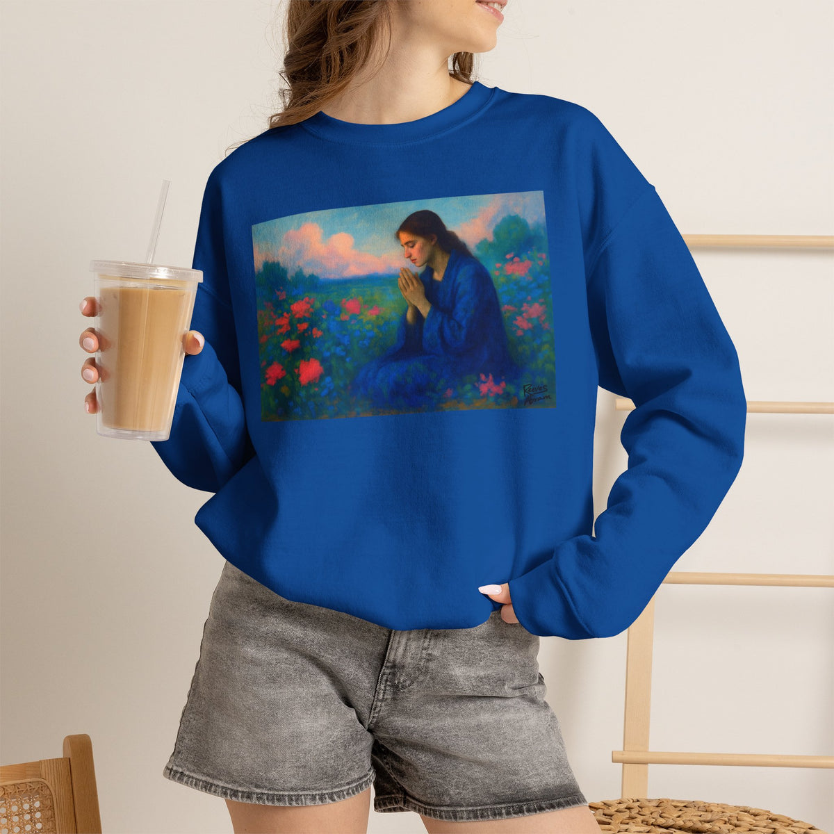 Praying Woman in Wildflowers | Crewneck Sweatshirt | Christian Art | Faith-Inspired