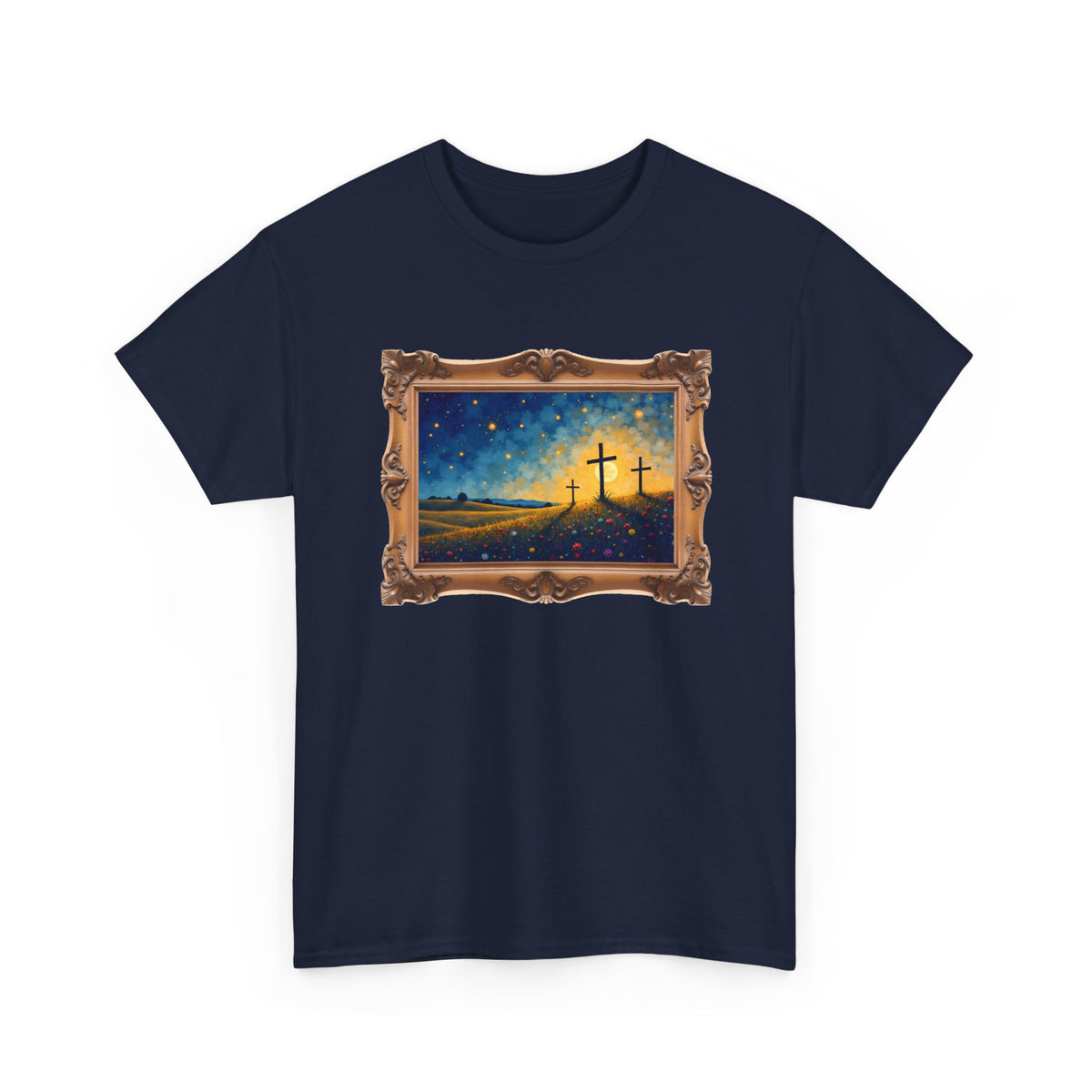 Three Crosses on Hill - Framed - T-Shirt | Religious Inspirational Tee, Jesus Faith Artwork