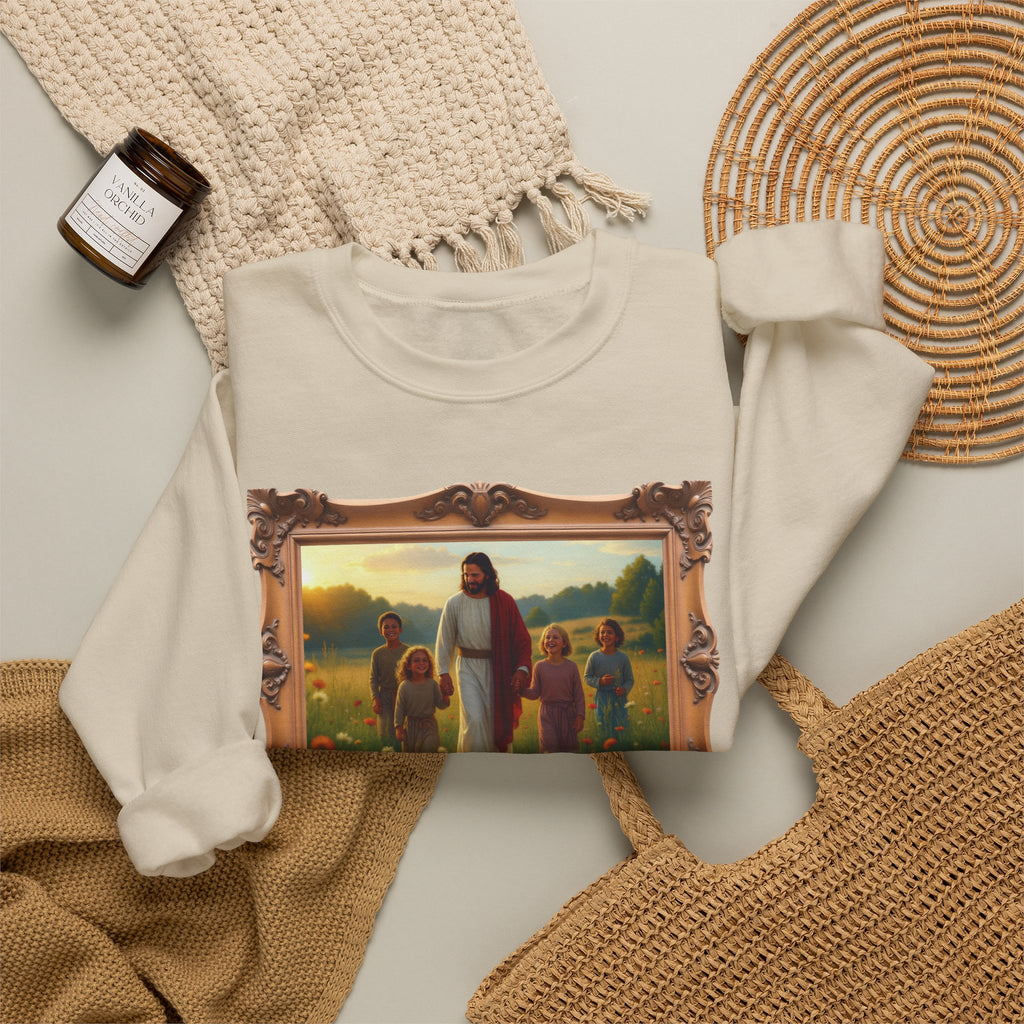 Jesus with Children in Wildflowers - Framed | Crewneck Sweatshirt | Christian Art | Faith-Inspired