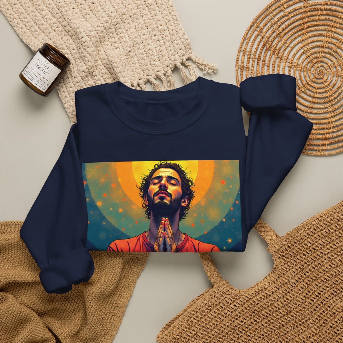 Praying Man - Serenity in Cosmic Light | Crewneck Sweatshirt | Christian Art | Faith-Inspired