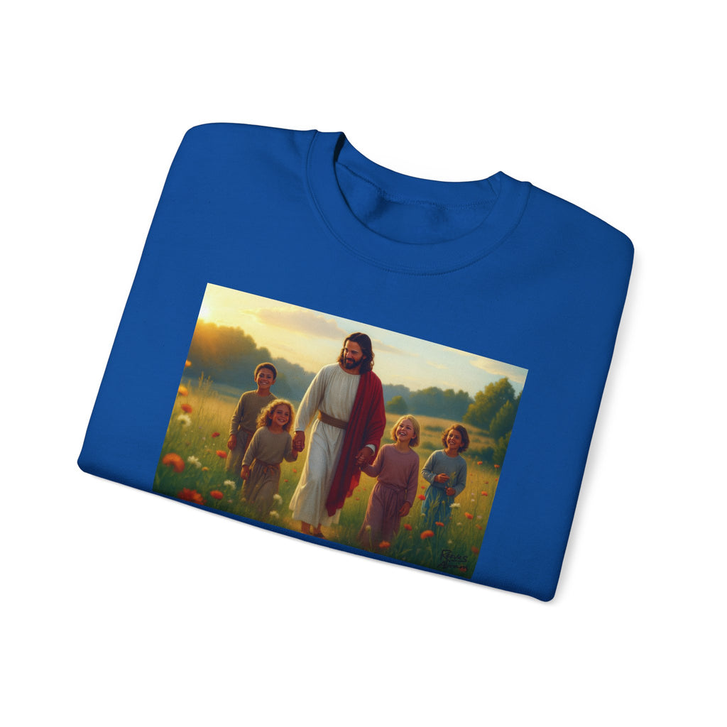 Jesus with Children in Wildflowers | Crewneck Sweatshirt | Christian Art | Faith-Inspired