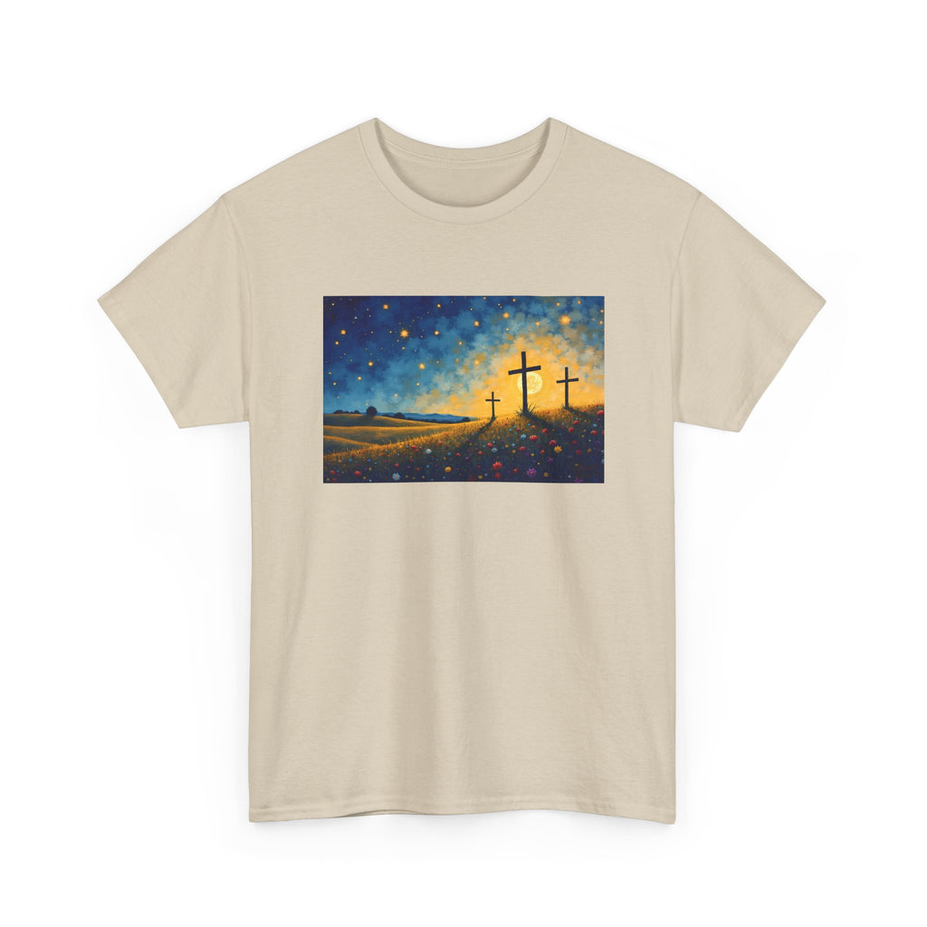 Three Crosses on Hill - T-Shirt | Religious Inspirational Tee, Jesus Faith Artwork