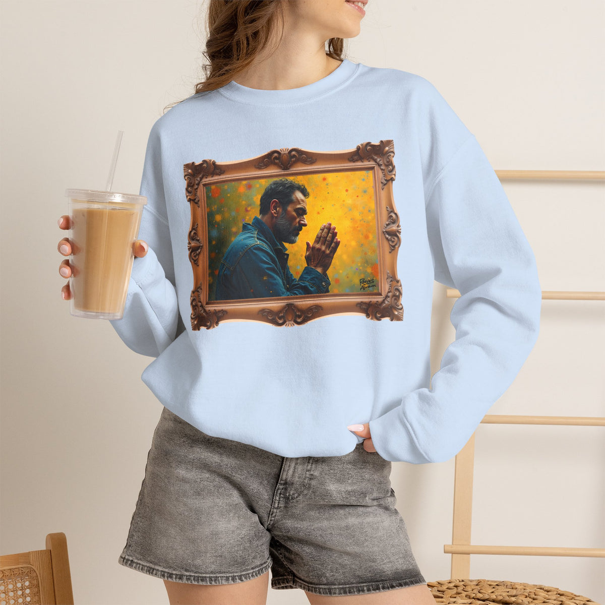 Man in Prayer - Framed | Crewneck Sweatshirt | Christian Art | Faith-Inspired