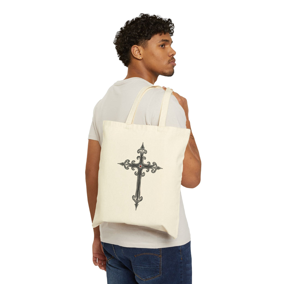 Ornate Silver Jeweled Cross Sketch - Canvas Tote Bag - Gothic-Style Christian Art